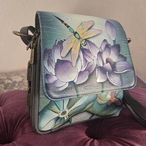 Anuschka Floral Blue and Purple Crossbody Bag